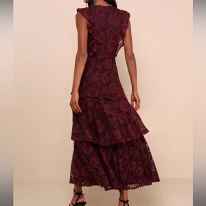 Molinetto Burgundy Lace Ruffled Tiered Sleeveless Maxi Dress